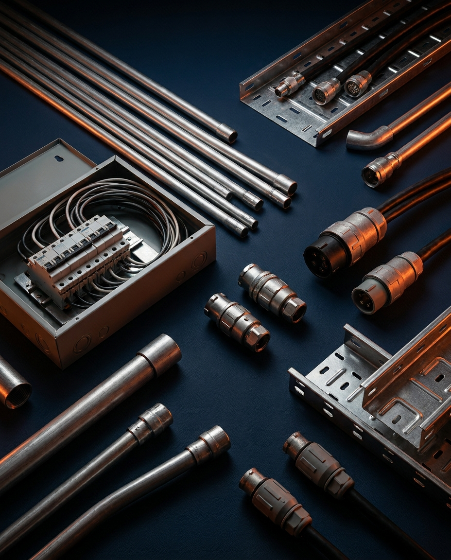 Canalizaciones, tubería, conectores y tablero de material eléctrico industrial