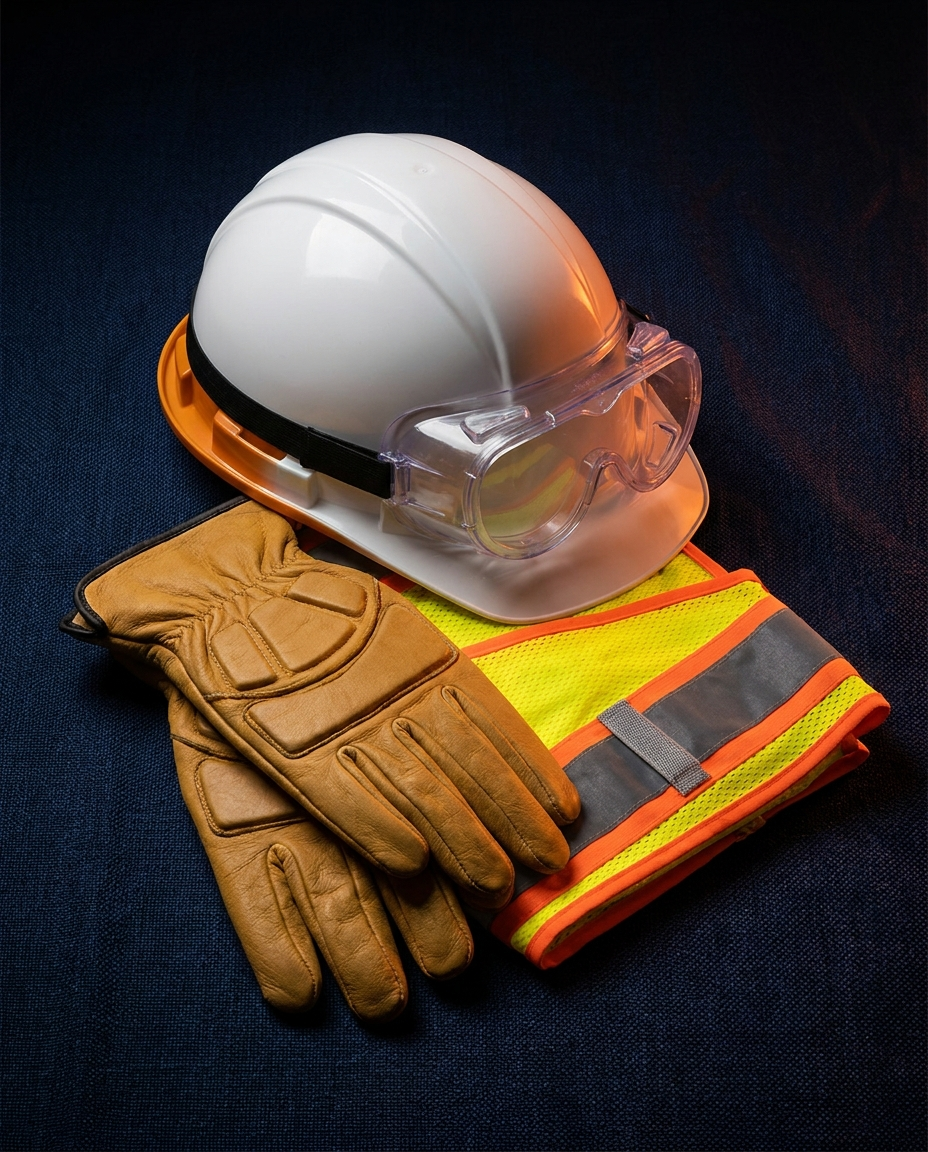 Casco, lentes, guantes y chaleco de equipo de protección personal