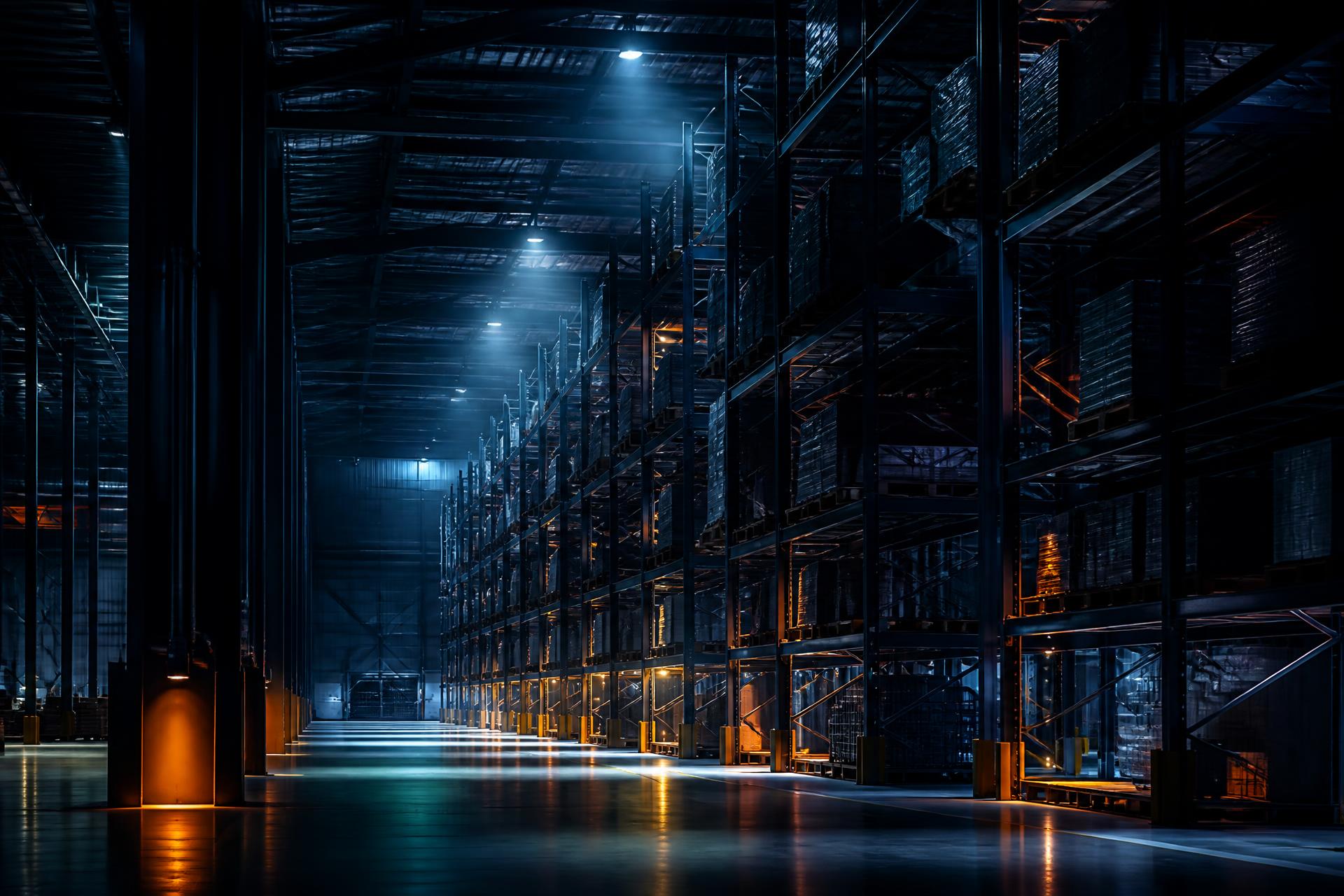 Nave industrial de almacenamiento con estructuras metálicas iluminadas