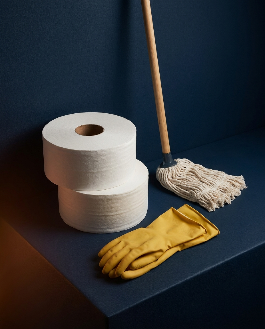 Papel institucional, guantes de limpieza y mechudo sobre una superficie azul marino