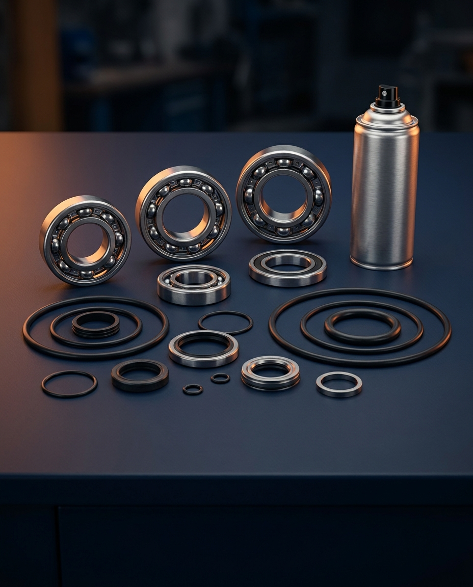 Rodamientos, sellos y lubricante para mantenimiento de maquinaria industrial