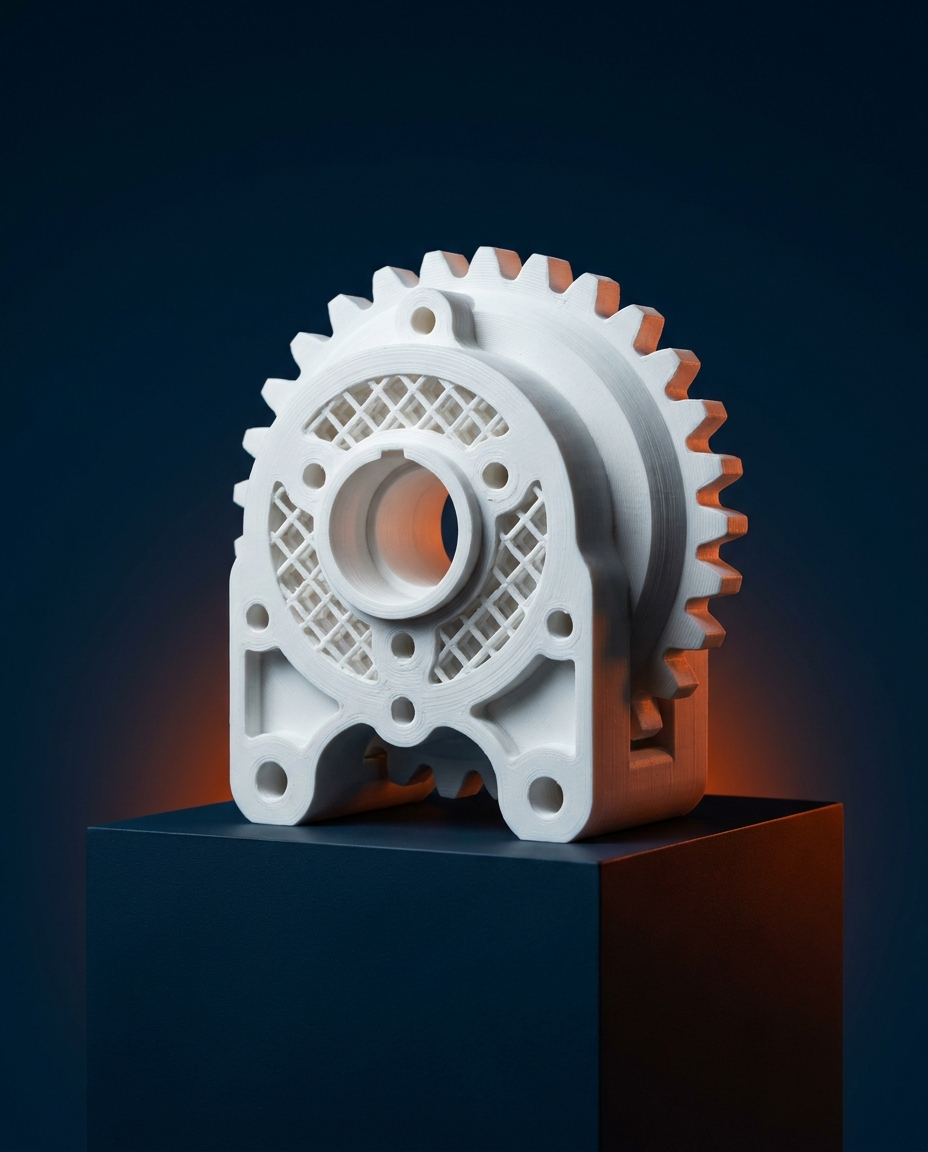 Pieza mecánica blanca fabricada mediante modelado e impresión 3D