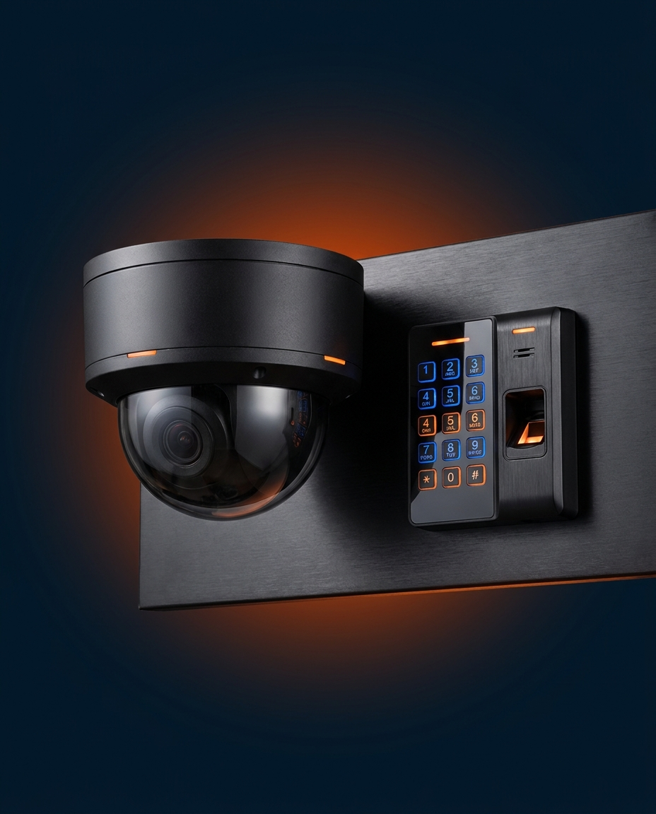 Cámara de videovigilancia y lector biométrico de control de acceso